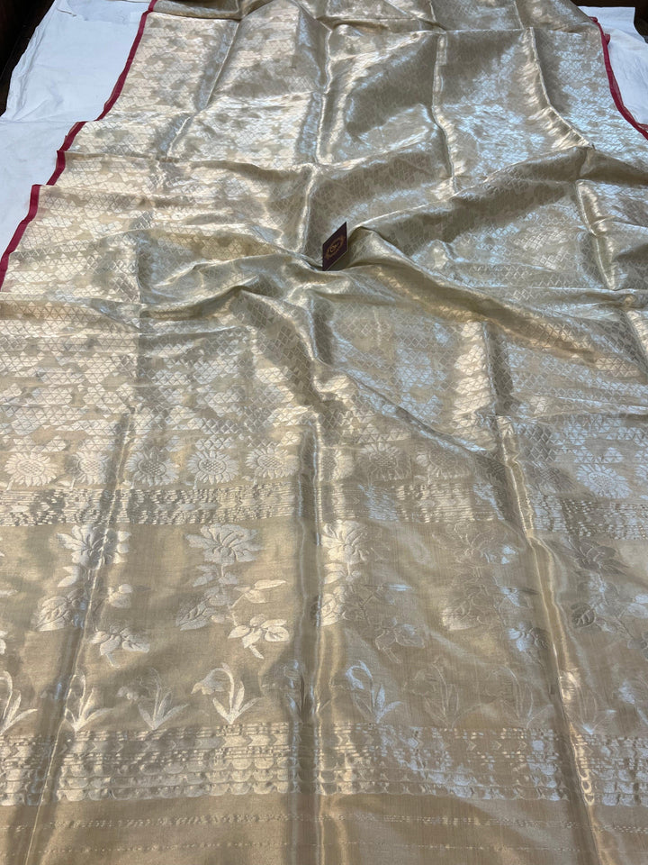 Cream Banarasi Handloom Organza Tissue Silk Saree - Aura Benaras
