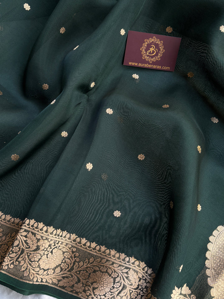 Bottle Green Pure Kora Silk Handloom Banarasi Saree