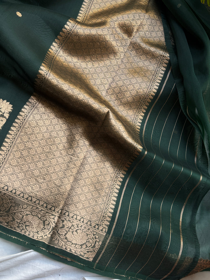 Bottle Green Pure Kora Silk Handloom Banarasi Saree
