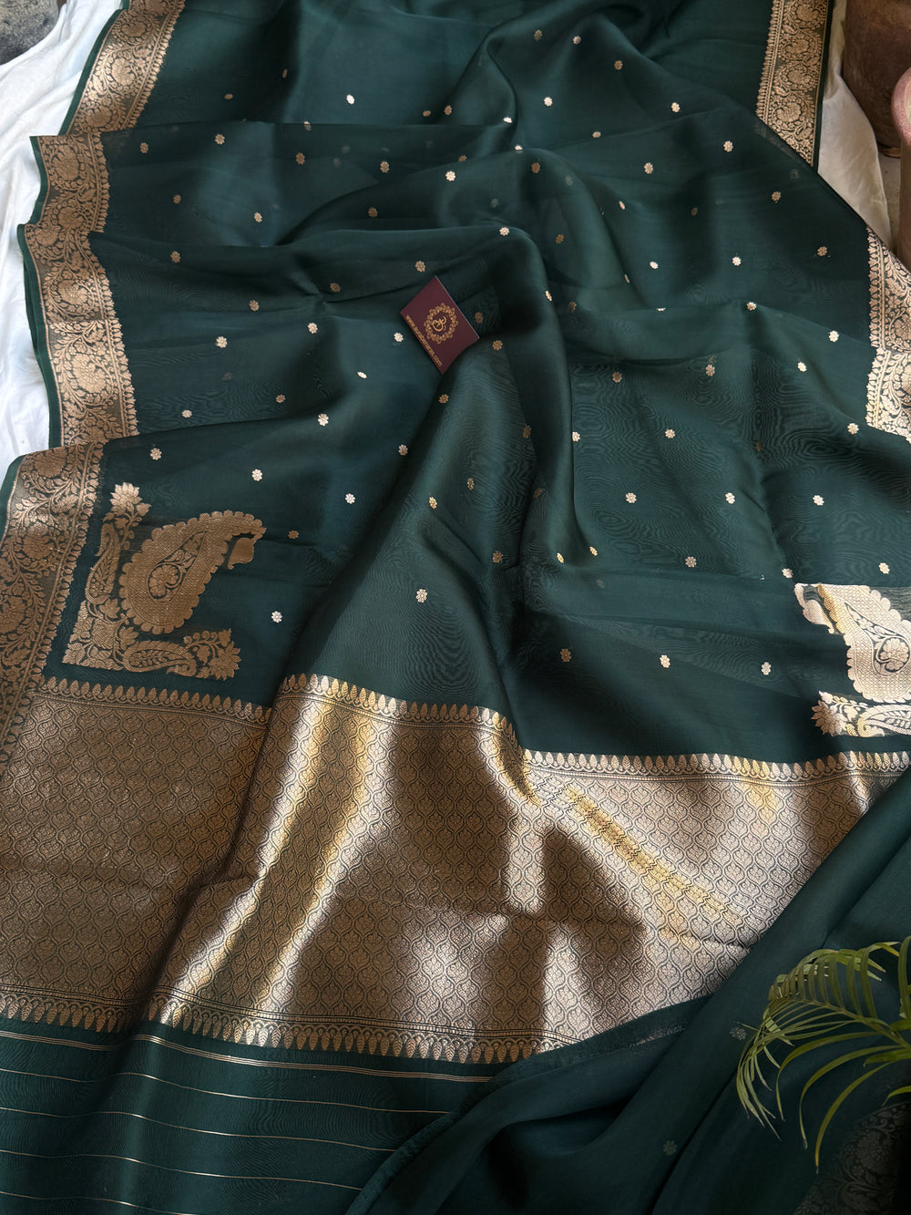 Bottle Green Pure Kora Silk Handloom Banarasi Saree