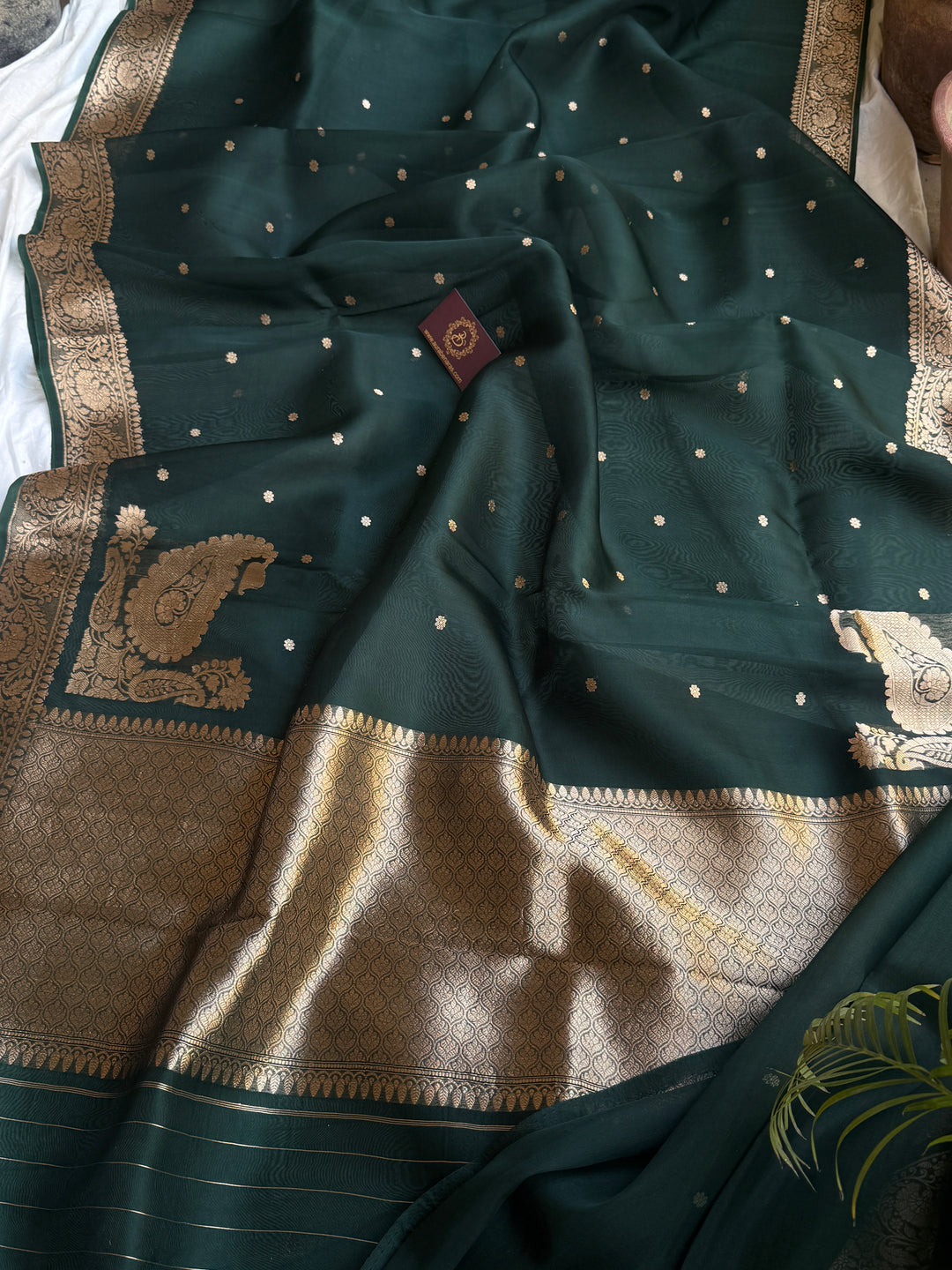 Bottle Green Pure Kora Silk Handloom Banarasi Saree