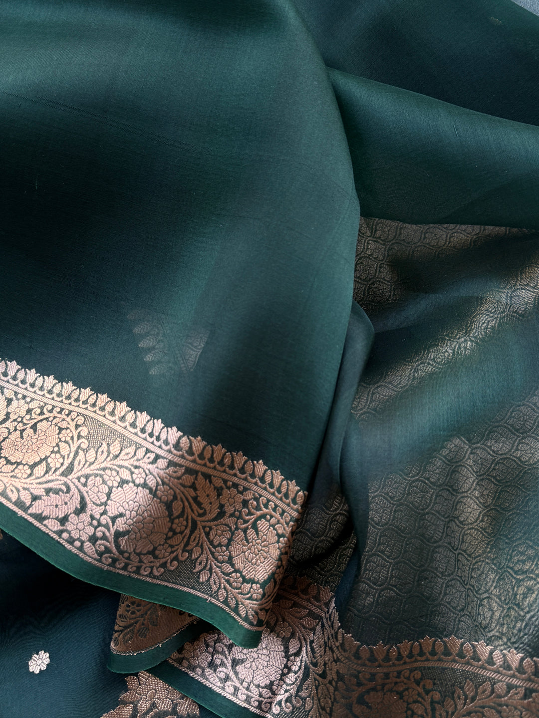 Bottle Green Pure Kora Silk Handloom Banarasi Saree
