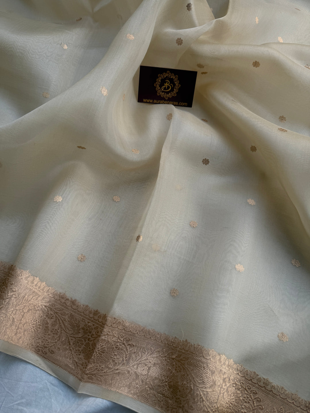 Cream Pure Kora Silk Handloom Banarasi Saree