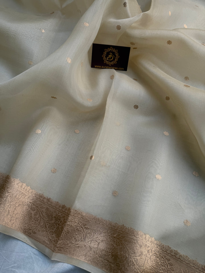 Cream Pure Kora Silk Handloom Banarasi Saree