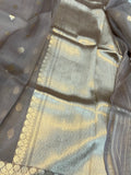 Grey Banarasi Handloom Kora Silk Saree - Aura Benaras