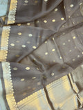 Grey Banarasi Handloom Kora Silk Saree - Aura Benaras