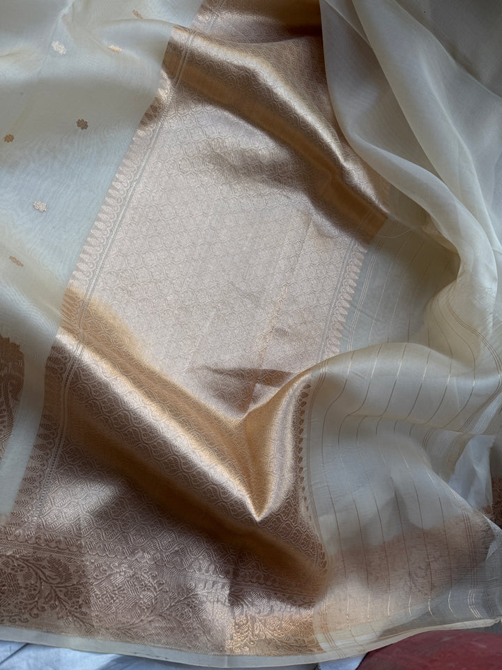 Cream Pure Kora Silk Handloom Banarasi Saree