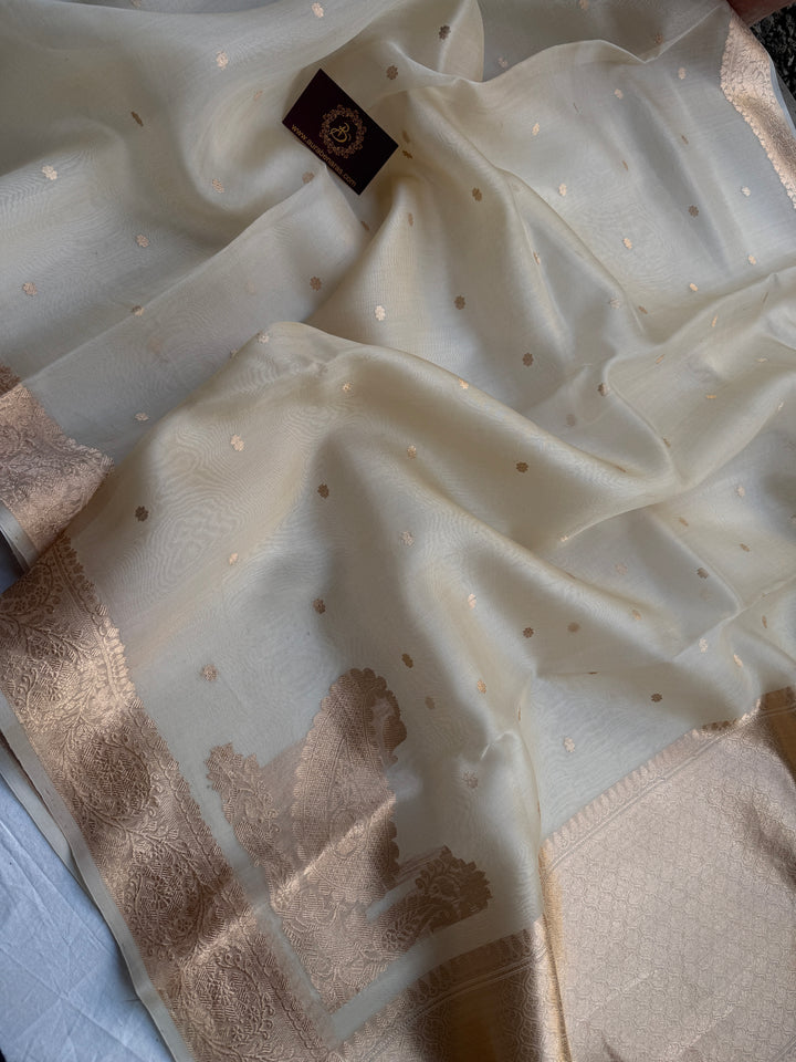 Cream Pure Kora Silk Handloom Banarasi Saree