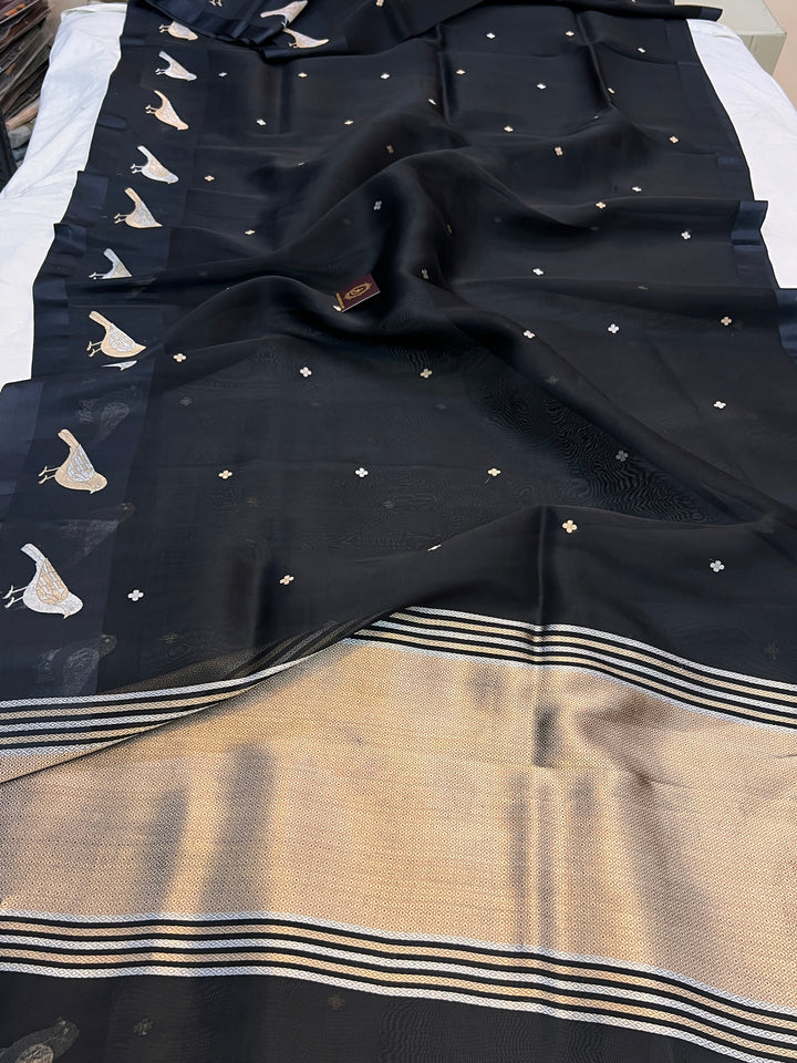 Black Pure Kora Silk Handloom Banarasi Saree