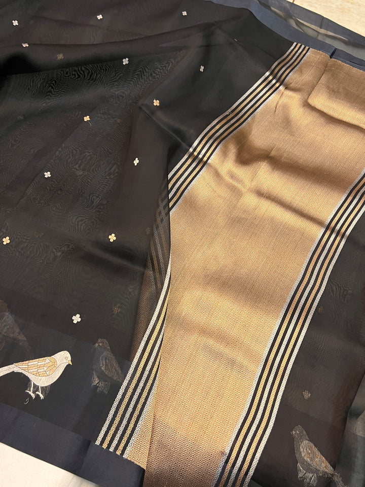 Black Pure Kora Silk Handloom Banarasi Saree