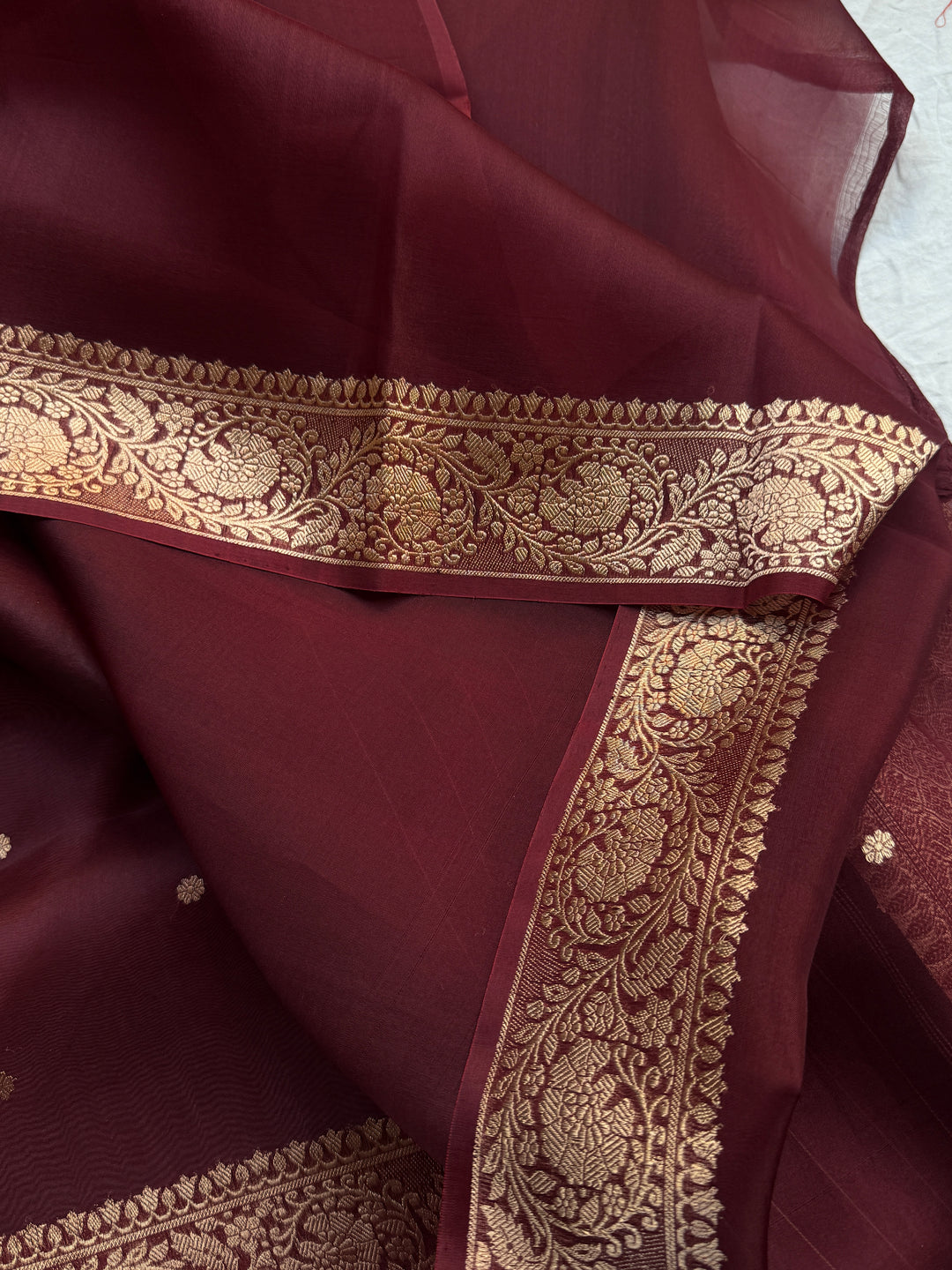 Maroon Pure Kora Silk Handloom Banarasi Saree