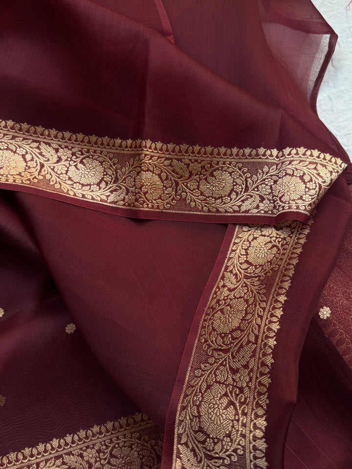 Maroon Pure Kora Silk Handloom Banarasi Saree