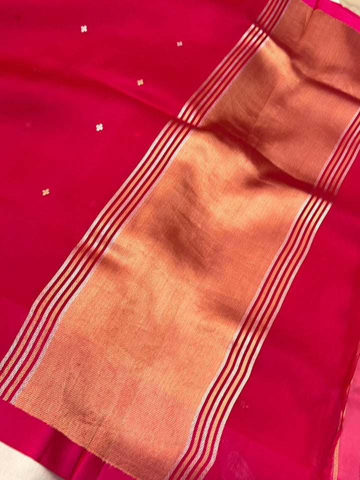 Rani Pink Pure Kora Silk Handloom Banarasi Saree