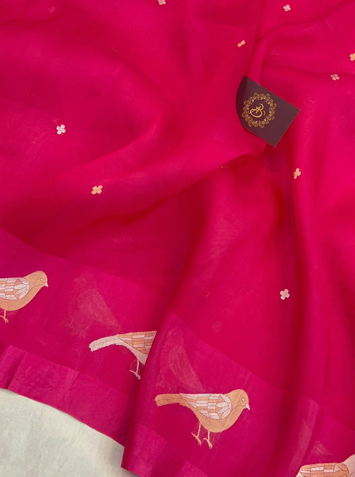 Rani Pink Pure Banarasi Kora Silk Saree with Kadhwa Butis 