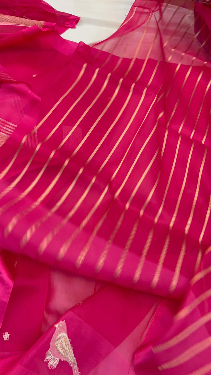 Rani Pink Pure Kora Silk Handloom Banarasi Saree