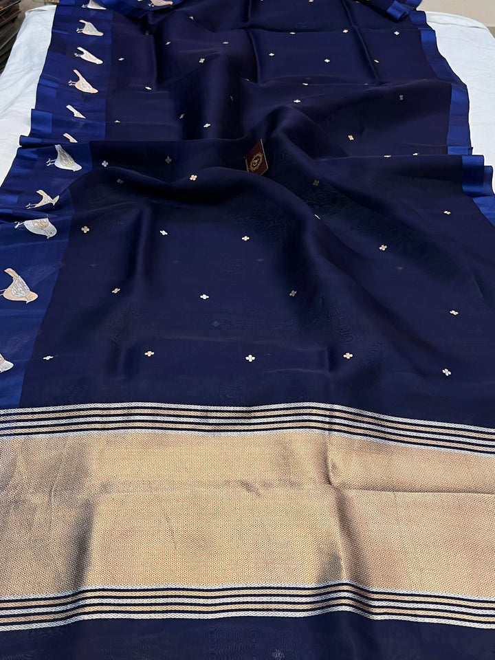 Navy Blue Pure Kora Silk Handloom Banarasi Saree