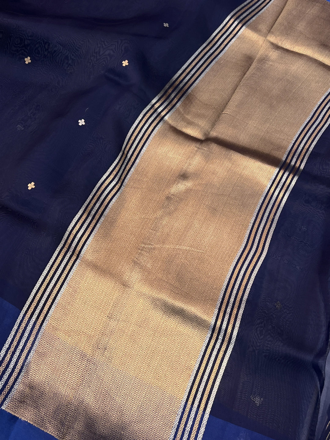 Navy Blue Pure Kora Silk Handloom Banarasi Saree