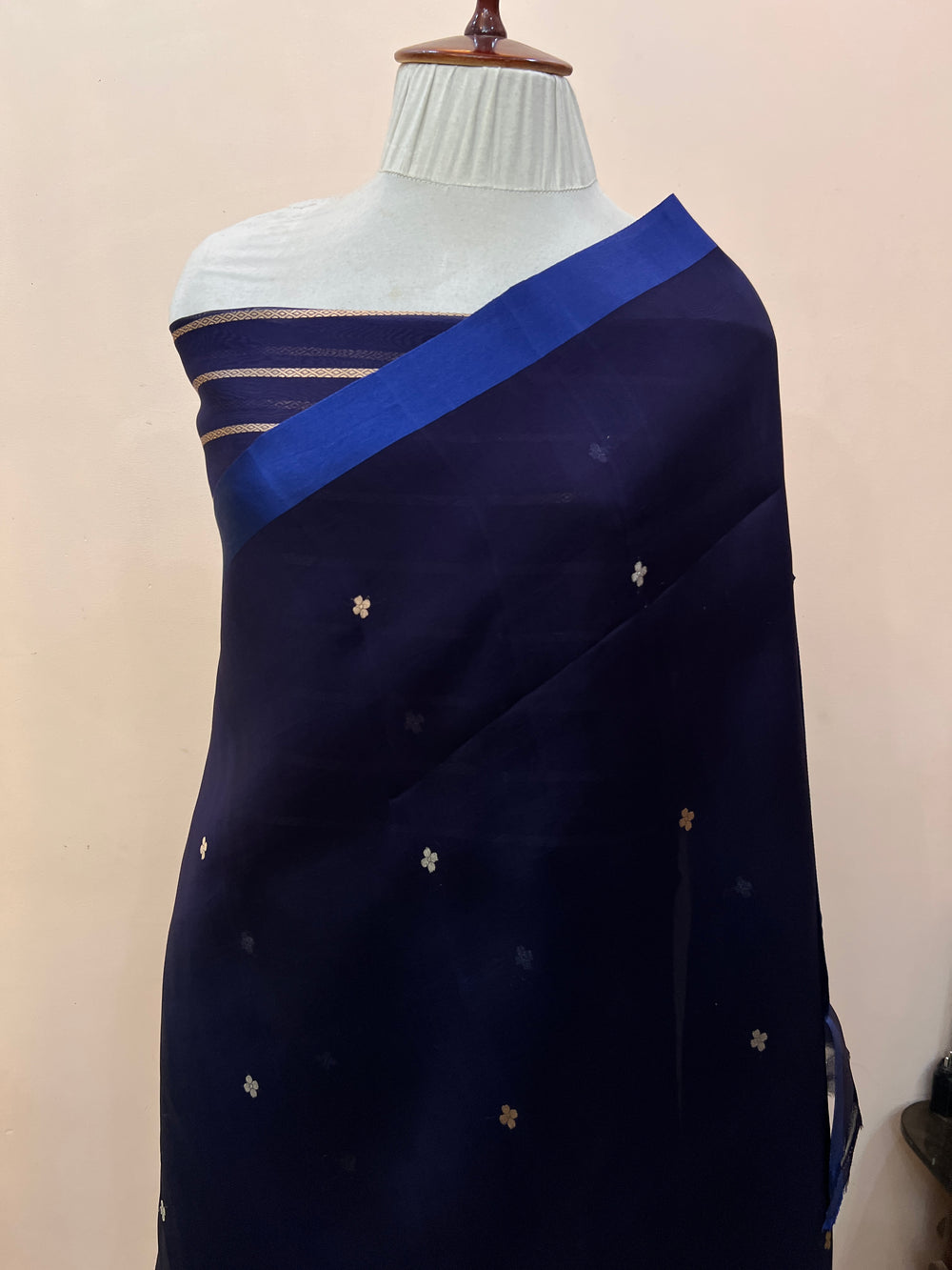 Navy Blue Pure Kora Silk Handloom Banarasi Saree