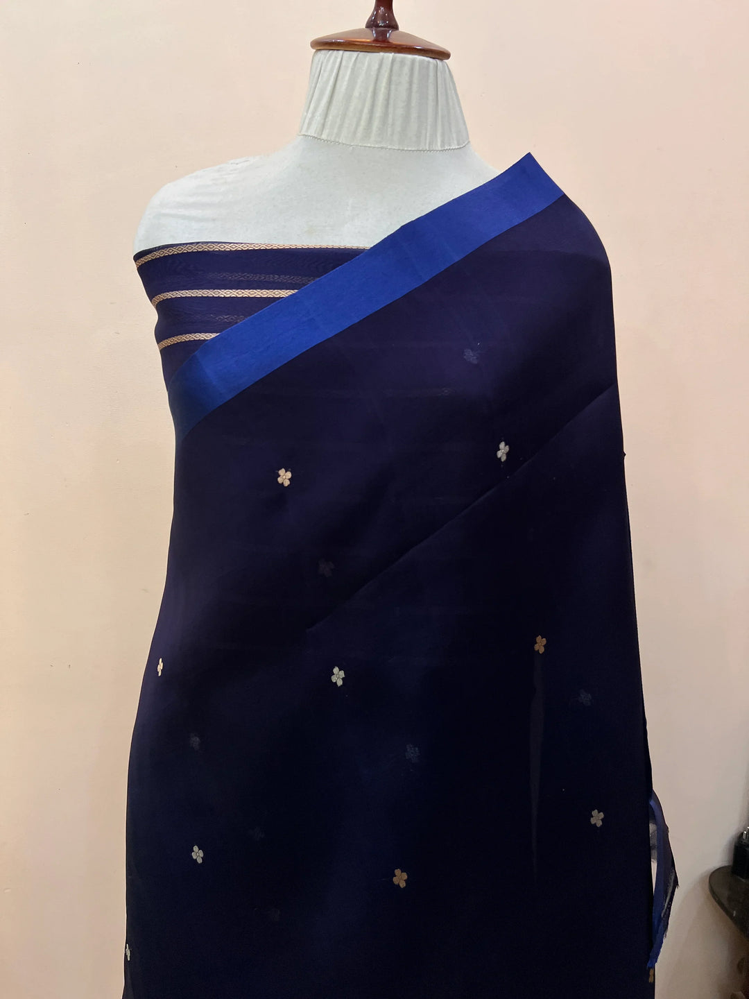 Navy Blue Pure Kora Silk Handloom Banarasi Saree