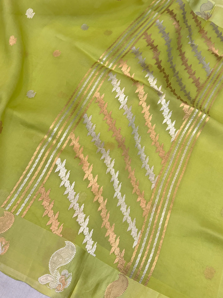 Pista Green Pure Kora Silk Handloom Banarasi Saree