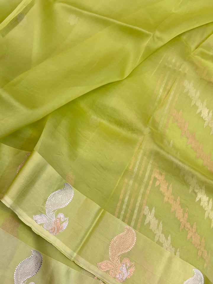 Pista Green Pure Kora Silk Handloom Banarasi Saree
