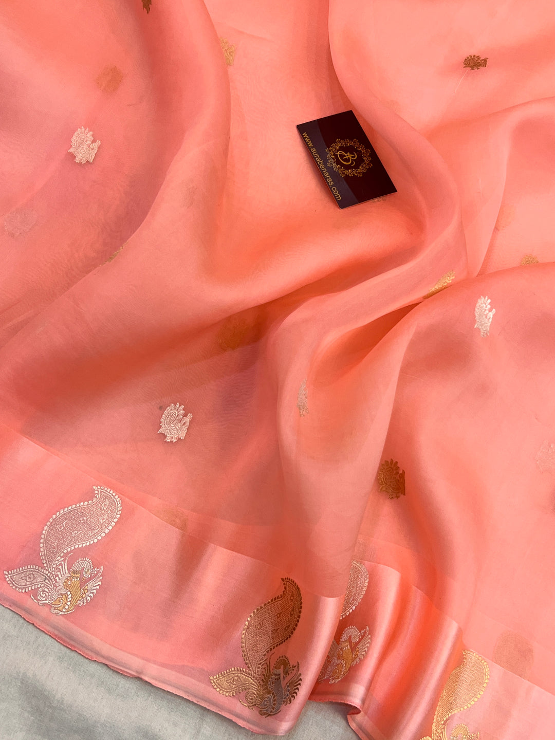 Peach Pure Kora Silk Handloom Banarasi Saree