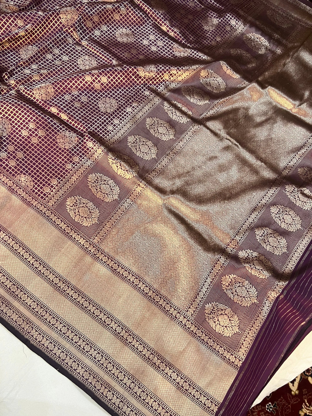 Wine Banarasi Handloom Katan Silk Saree - Aura Benaras