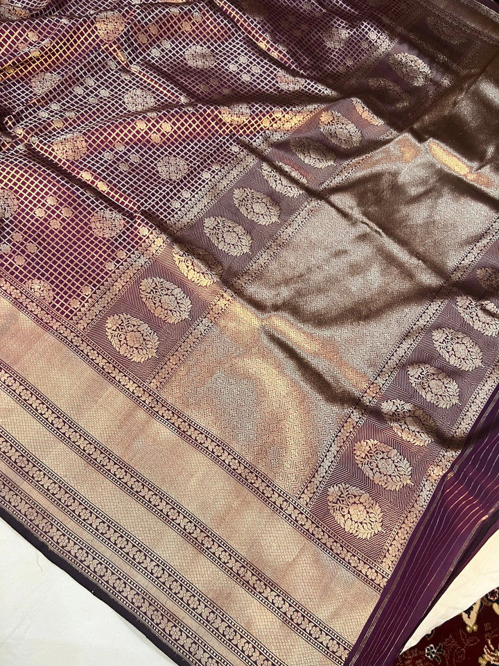 Wine Banarasi Handloom Katan Silk Saree - Aura Benaras
