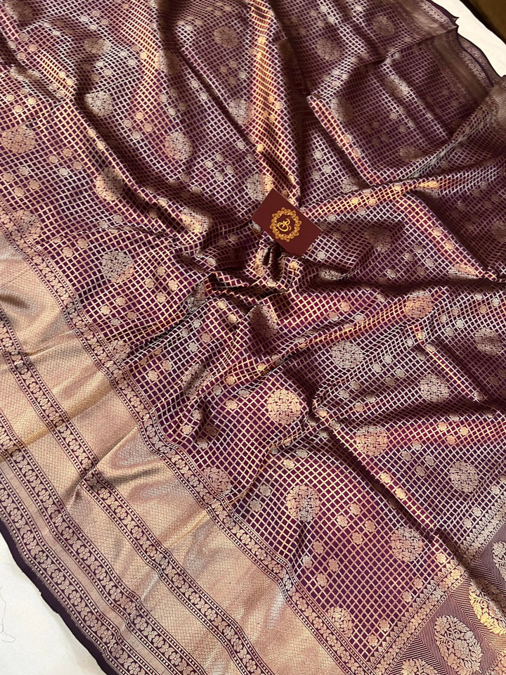 Wine Banarasi Handloom Katan Silk Saree - Aura Benaras