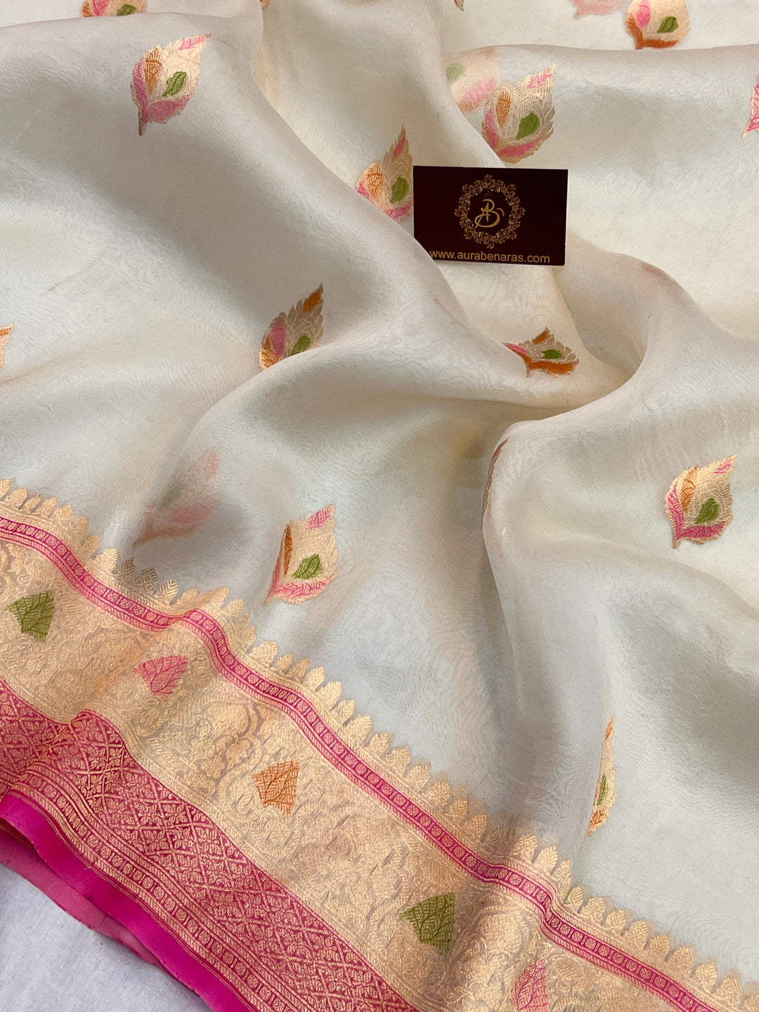 White Pure Kora Silk Handloom Banarasi Saree