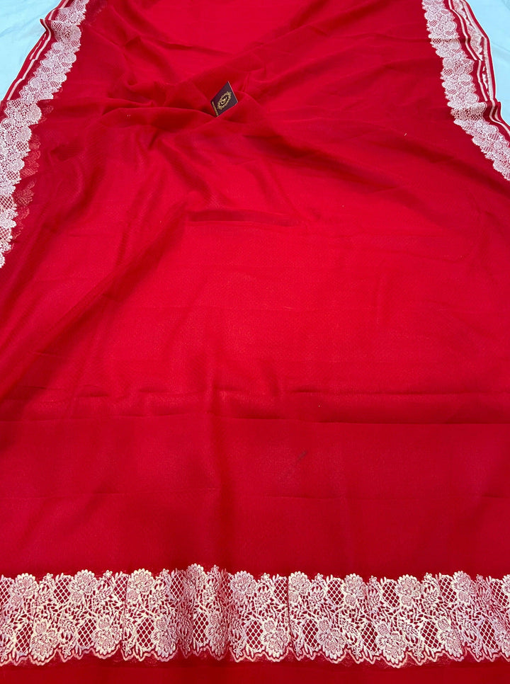Red Pure Banarasi Handloom Khaddi Georgette Saree - Aura Benaras