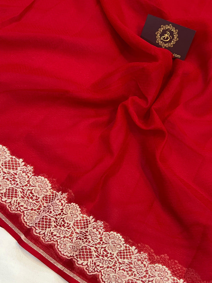 Red Pure Banarasi Handloom Khaddi Georgette Saree - Aura Benaras