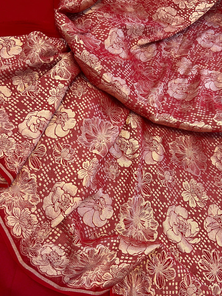 Red Pure Banarasi Handloom Khaddi Georgette Saree - Aura Benaras