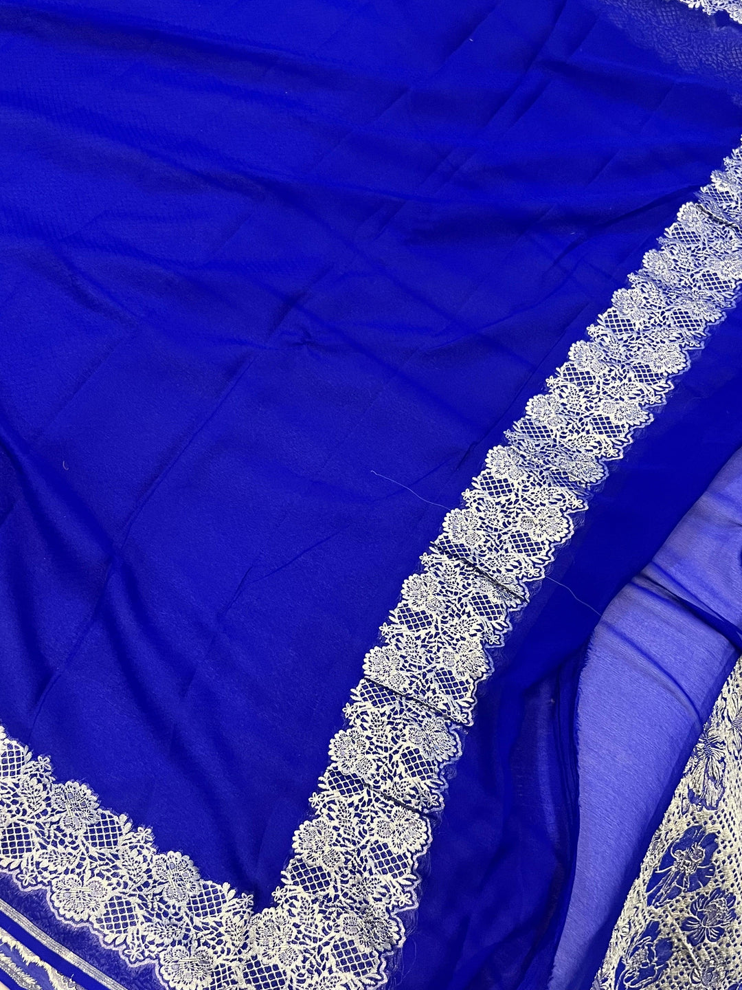 Royal Blue Pure Banarasi Handloom Khaddi Georgette Saree - Aura Benaras