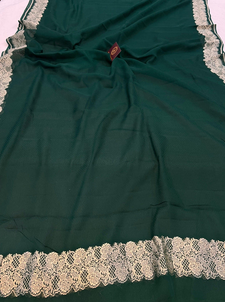 Bottle Green Pure Banarasi Handloom Khaddi Georgette Saree - Aura Benaras