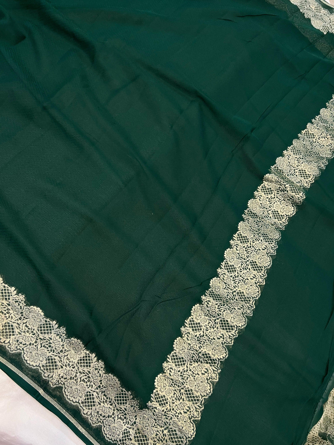 Bottle Green Pure Banarasi Handloom Khaddi Georgette Saree - Aura Benaras