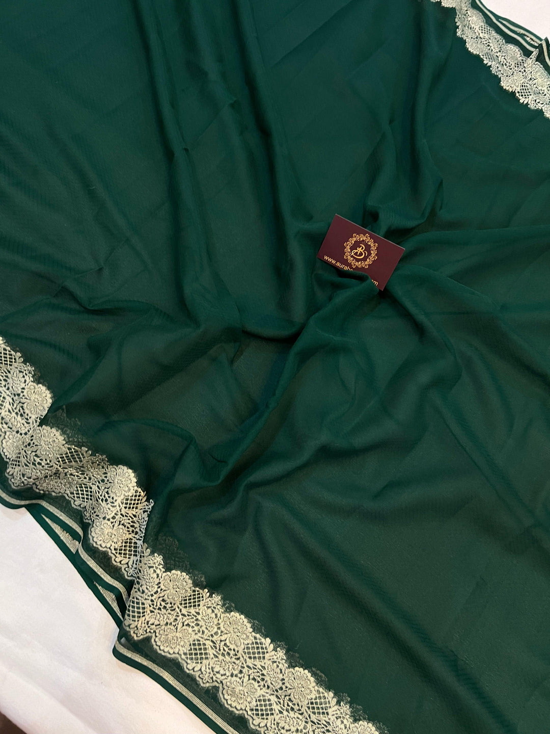 Bottle Green Pure Banarasi Handloom Khaddi Georgette Saree - Aura Benaras