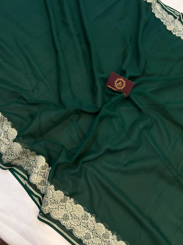 Bottle Green Pure Banarasi Handloom Khaddi Georgette Saree - Aura Benaras