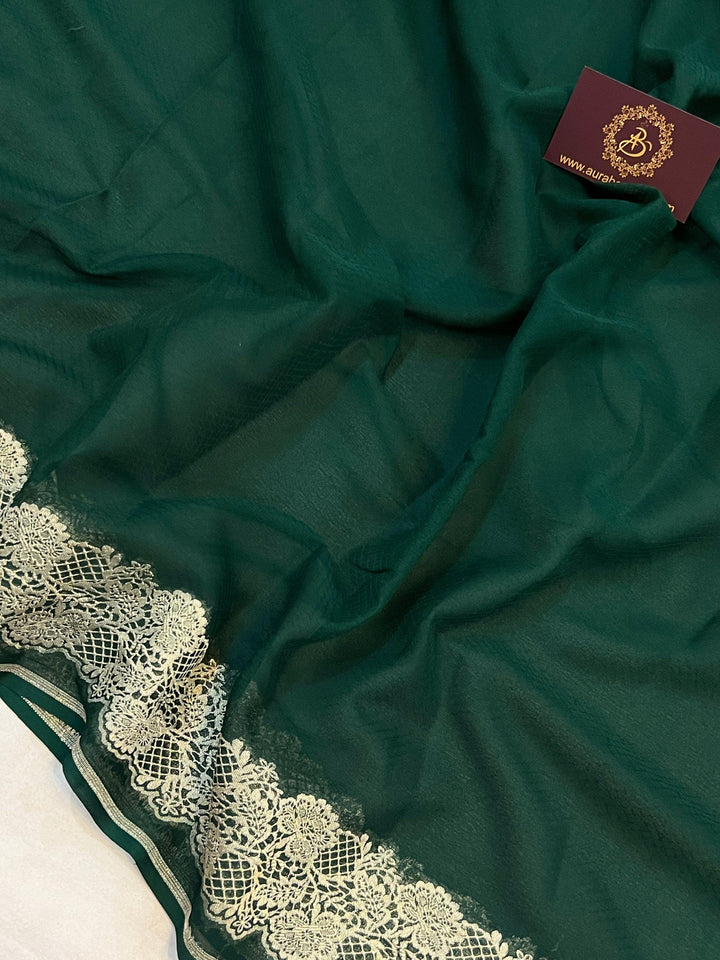 Bottle Green Pure Banarasi Handloom Khaddi Georgette Saree - Aura Benaras