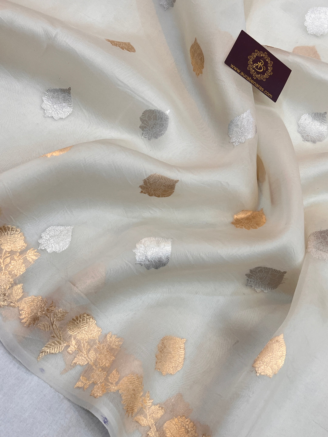 Cream Pure Kora Silk Handloom Banarasi Saree