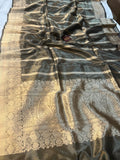 Greyish Black Banarasi Handloom Tissue Silk Saree - Aura Benaras
