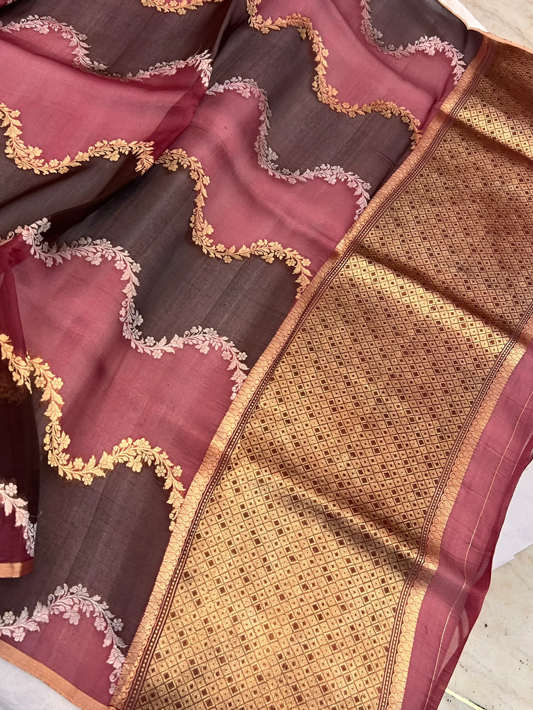 Rose Pink Pure Kora Silk Handloom Banarasi Saree