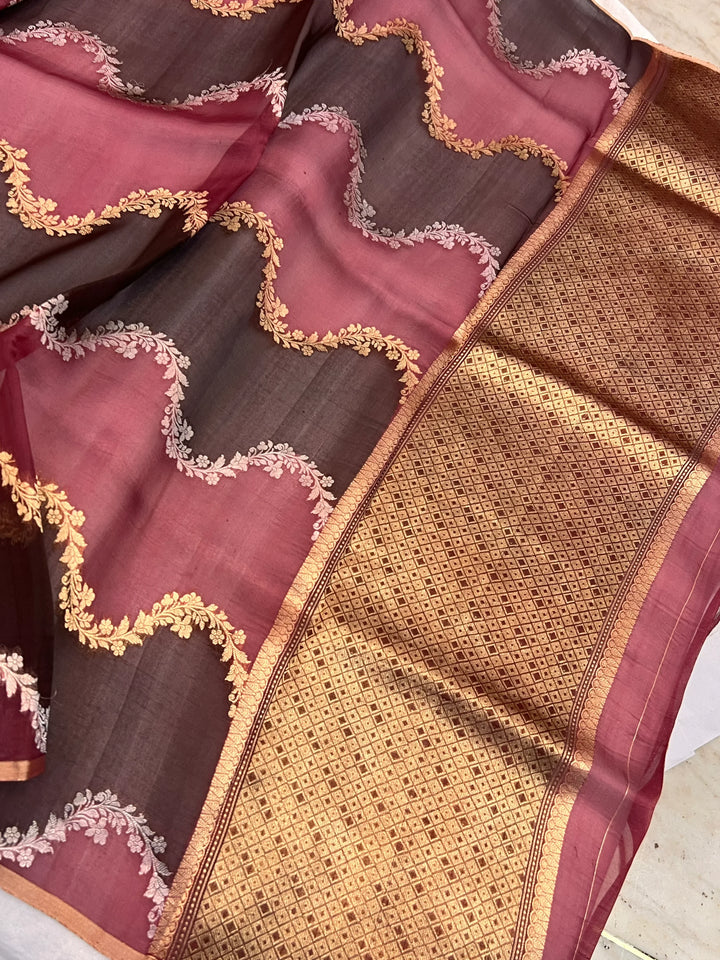 Rose Pink Pure Kora Silk Handloom Banarasi Saree