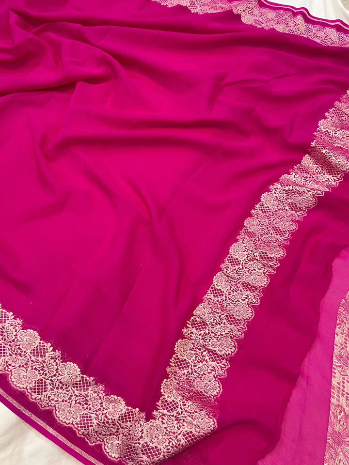 Rani Pink Pure Banarasi Handloom Khaddi Georgette Saree - Aura Benaras