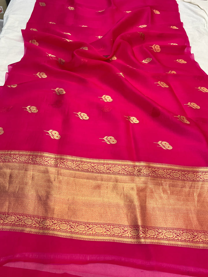 Rani Pink Pure Kora Silk Handloom Banarasi Saree