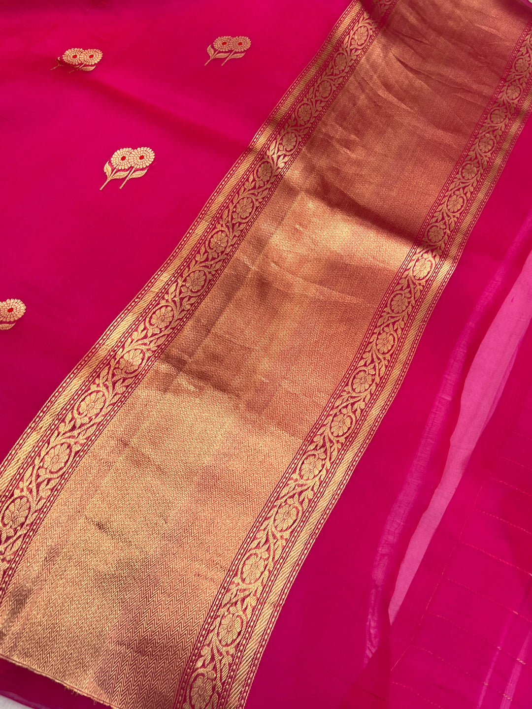 Rani Pink Pure Kora Silk Handloom Banarasi Saree