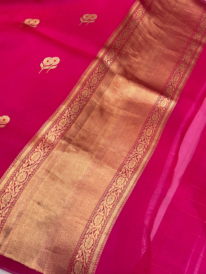 Rani Pink Pure Kora Silk Handloom Banarasi Saree