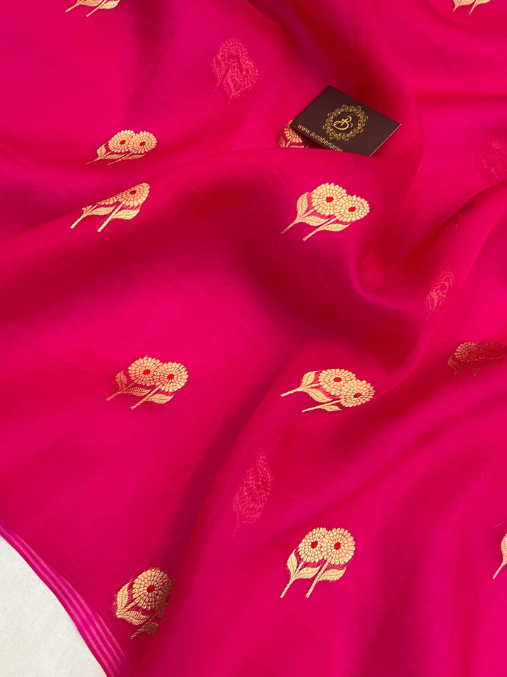 Rani Pink Pure Kora Silk Handloom Banarasi Saree