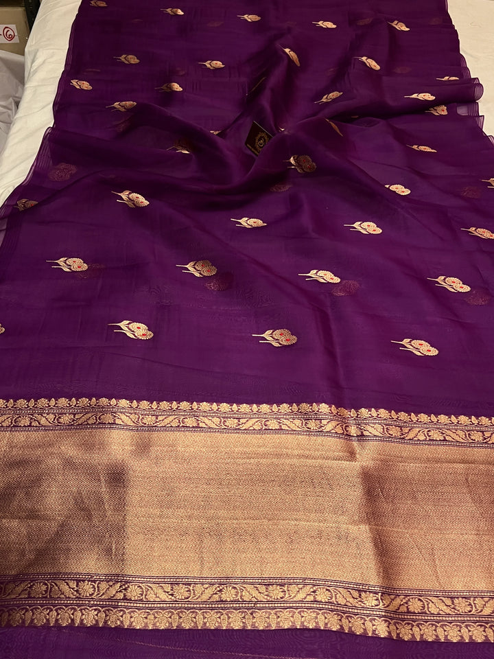 Purple Pure Kora Silk Handloom Banarasi Saree
