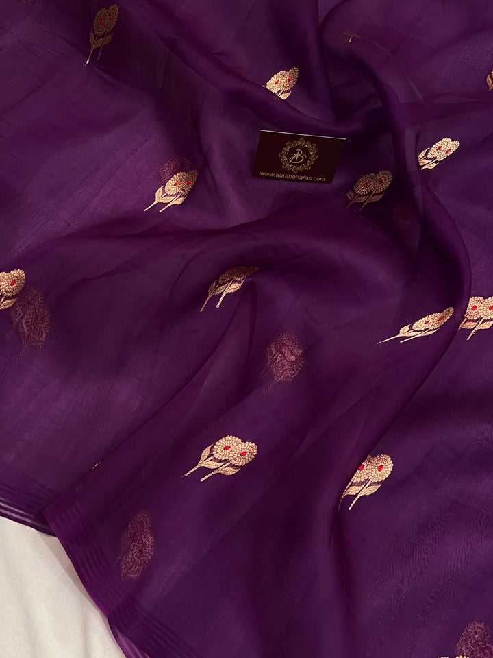 Purple Pure Kora Silk Handloom Banarasi Saree